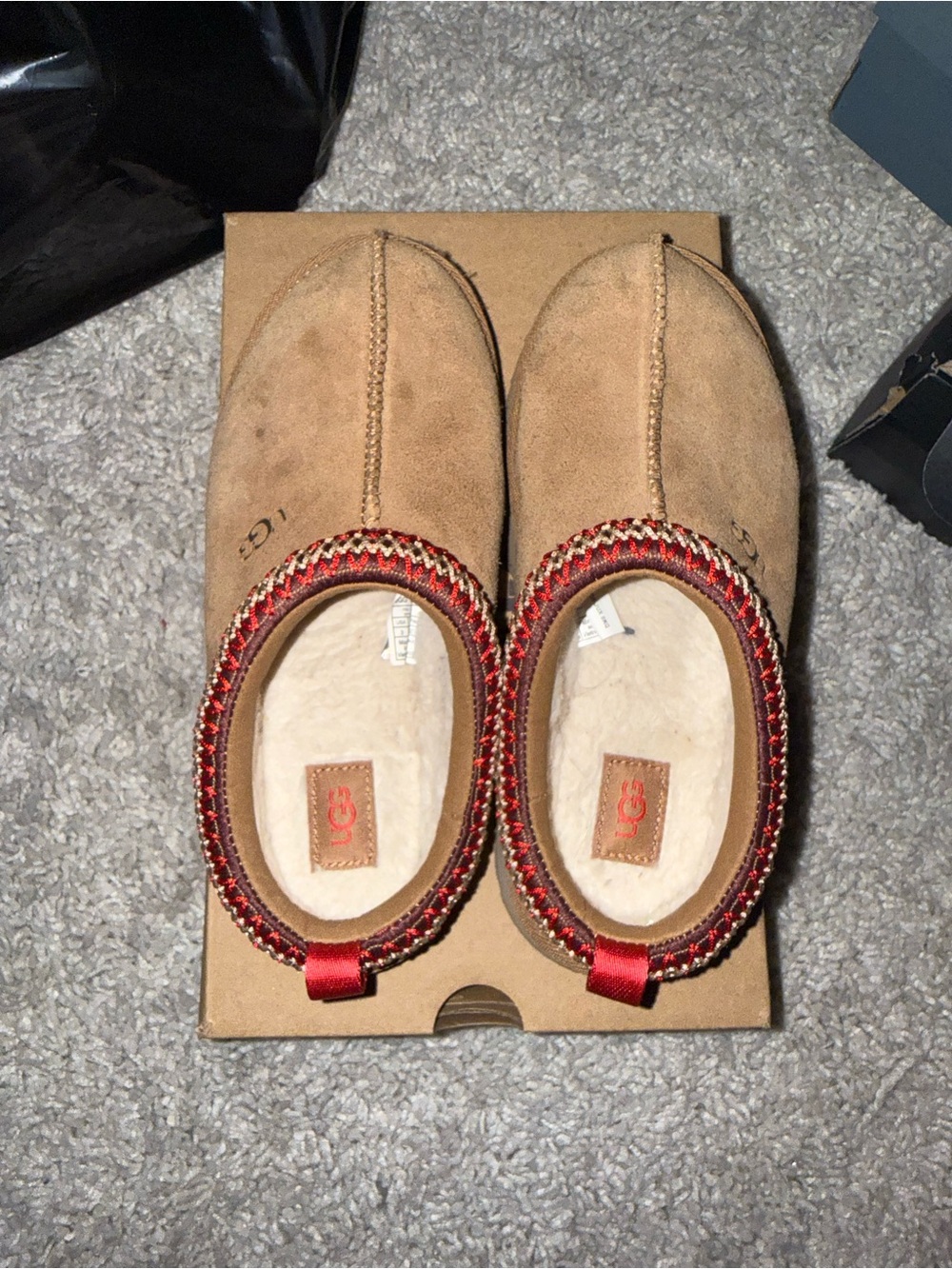 UGG Tan Suede Slip-On Slippers with Red Trim